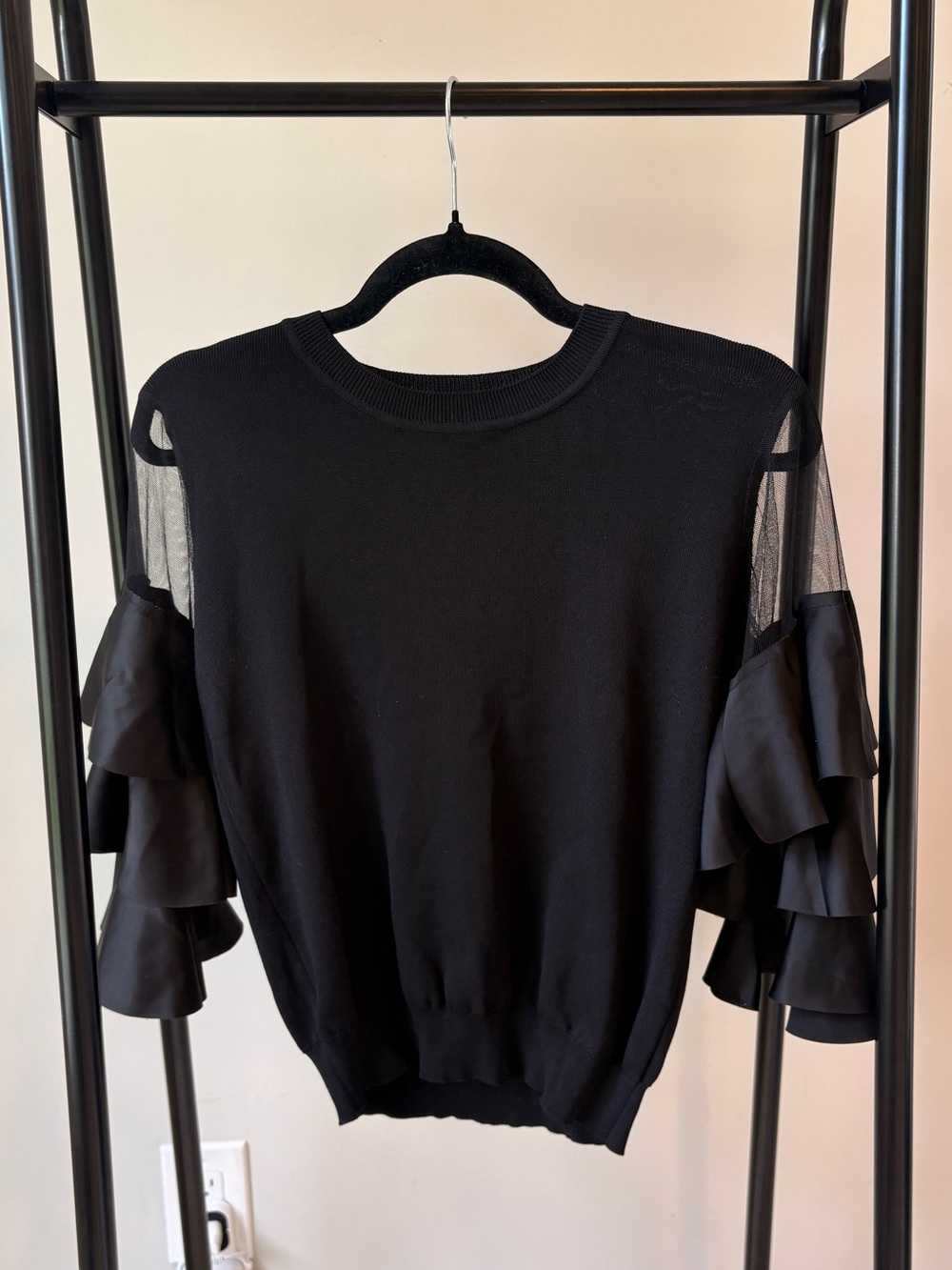 P Luca Milano Black Statement Crewneck Mesh-Inset Ruffle Sleeve Knit Top Size S
